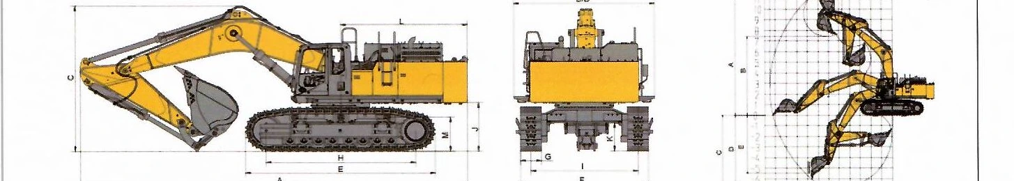 Габаритный чертёж: Карьерный экскаватор XCMG XE700D — вид сбоку, вид спереди и диаграмма рабочей зоны с буквенными обозначениями размеров