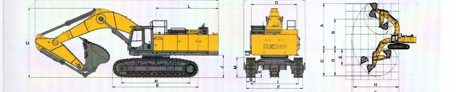 Габаритный чертёж: Карьерный экскаватор XCMG XE950DA — вид сбоку, вид спереди и диаграмма рабочей зоны с буквенными обозначениями размеров