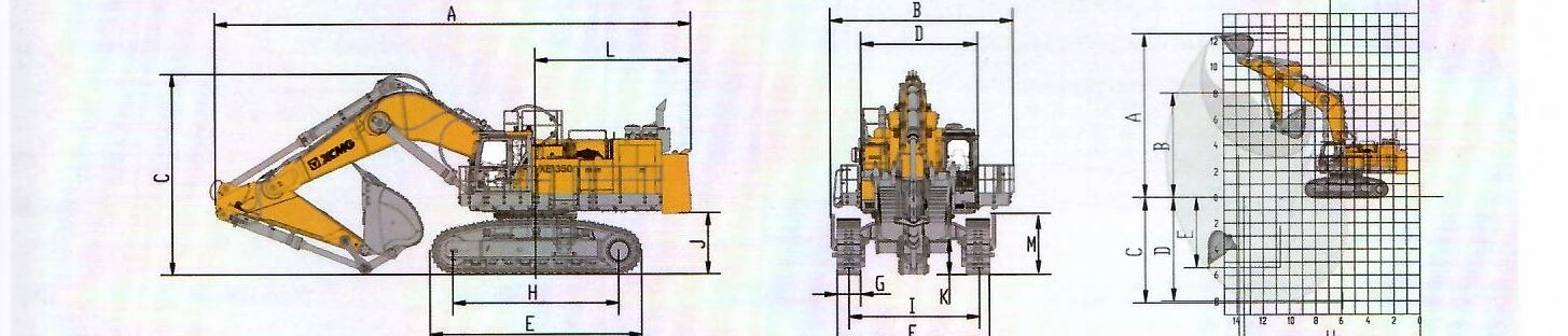 Габаритный чертёж: Карьерный экскаватор XCMG XE1350 (обратная лопата) — вид сбоку, вид спереди и диаграмма рабочей зоны с буквенными обозначениями размеров
