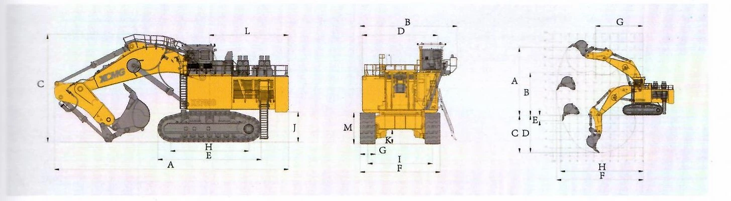 Габаритный чертёж: Карьерный экскаватор XCMG XE3000 (обратная лопата) — вид сбоку, вид спереди и диаграмма рабочей зоны с буквенными обозначениями размеров