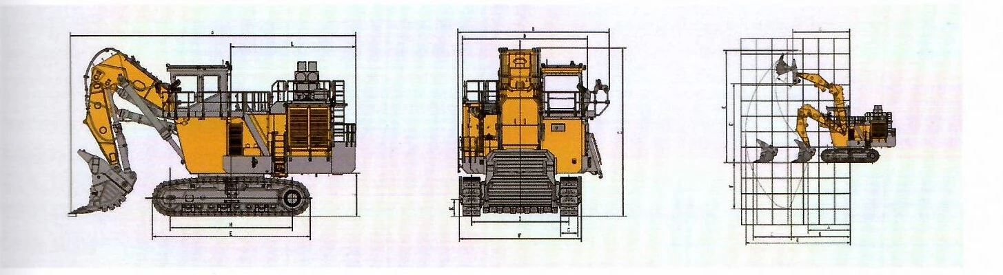 Габаритный чертёж: Карьерный экскаватор с фронтальной лопатой XCMG XE2000 — вид сбоку, вид спереди и диаграмма рабочей зоны с буквенными обозначениями размеров